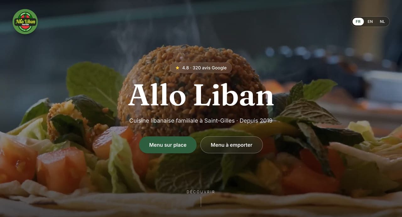 Site web du restaurant libanais Allo Liban à Saint-Gilles : page d'accueil avec un falafel