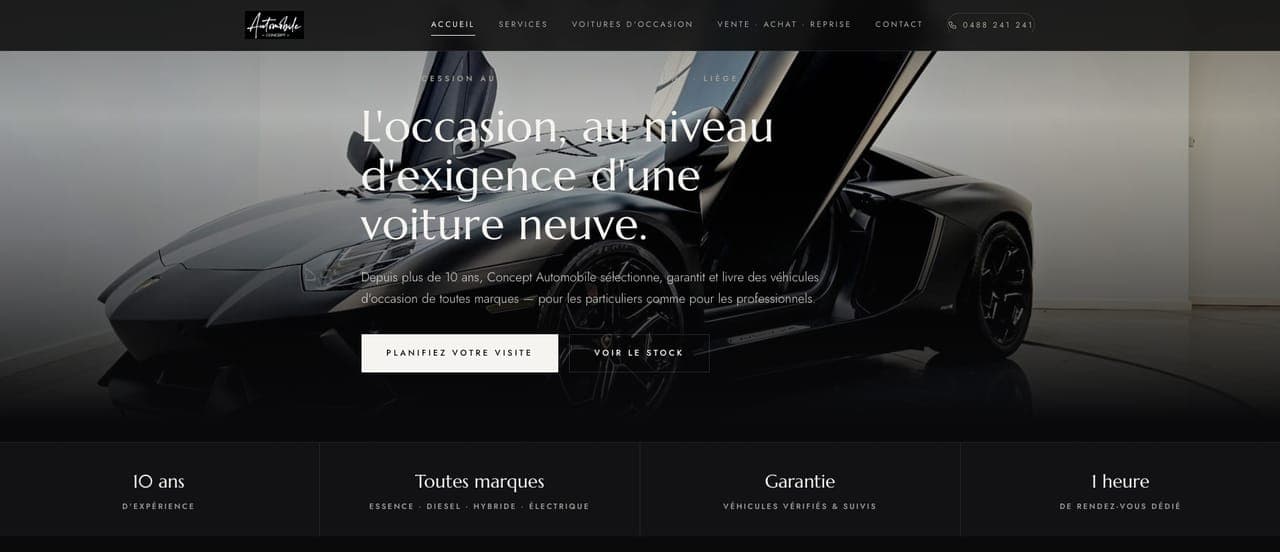Site web de Concept Automobile : page d'accueil avec une voiture de luxe