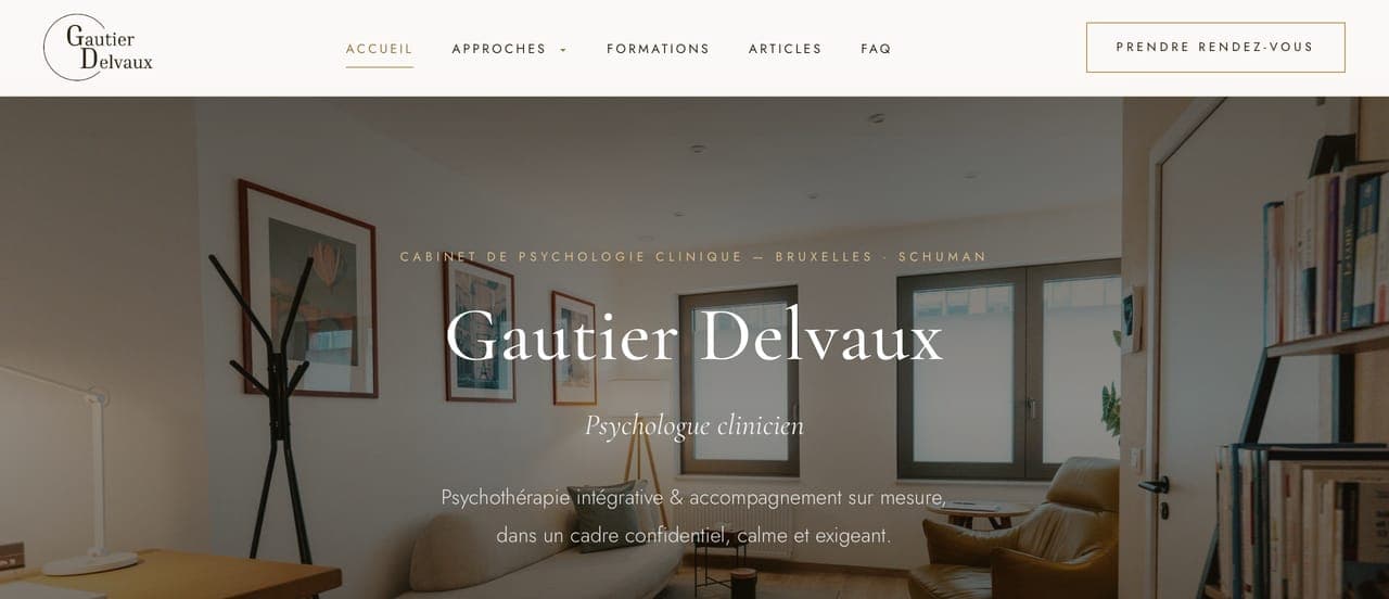 Site web de Gautier Delvaux, psychologue clinicien à Bruxelles : page d'accueil avec le cabinet