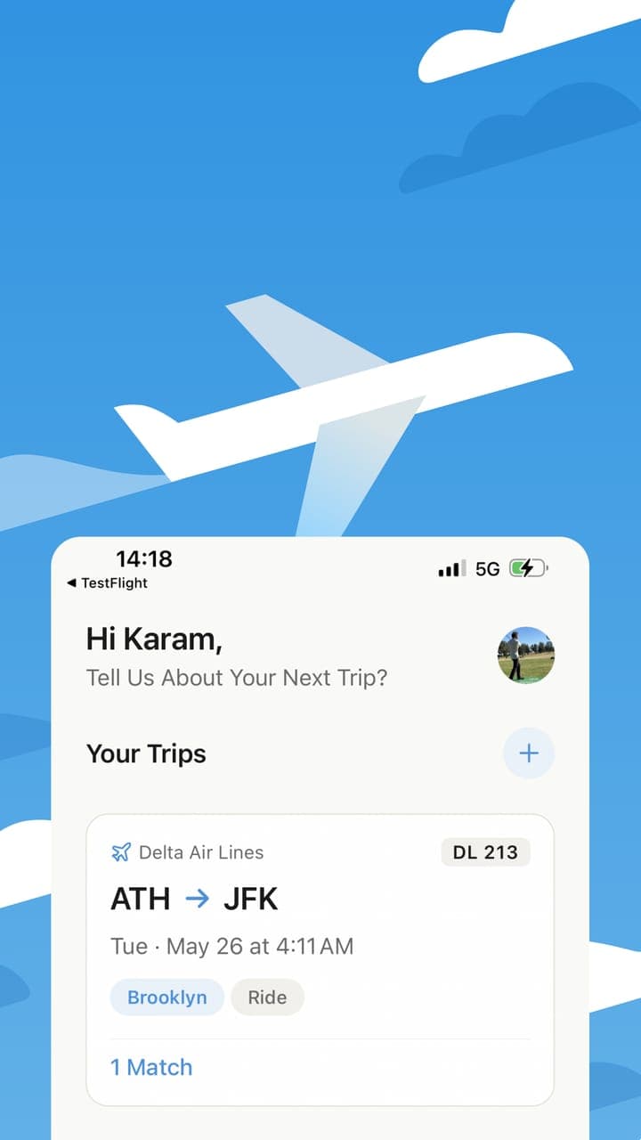 App Landr : écran d'accueil avec un vol à venir vers JFK