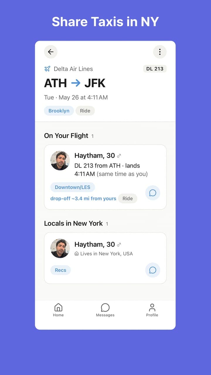 App Landr : détail d'un vol avec les voyageurs qui atterrissent à la même heure