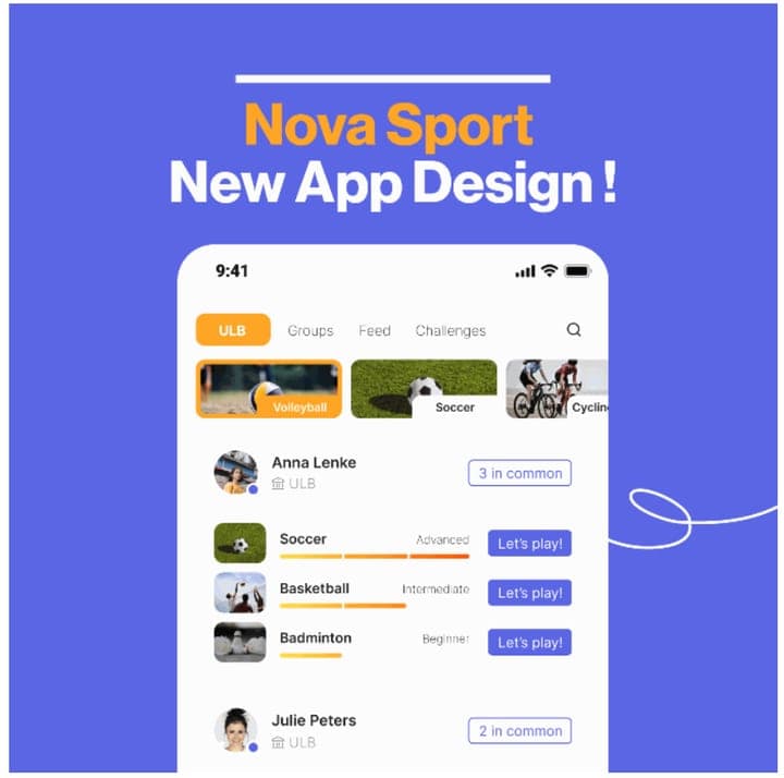 App Nova Sport : liste de partenaires sportifs avec niveaux et boutons Let's play