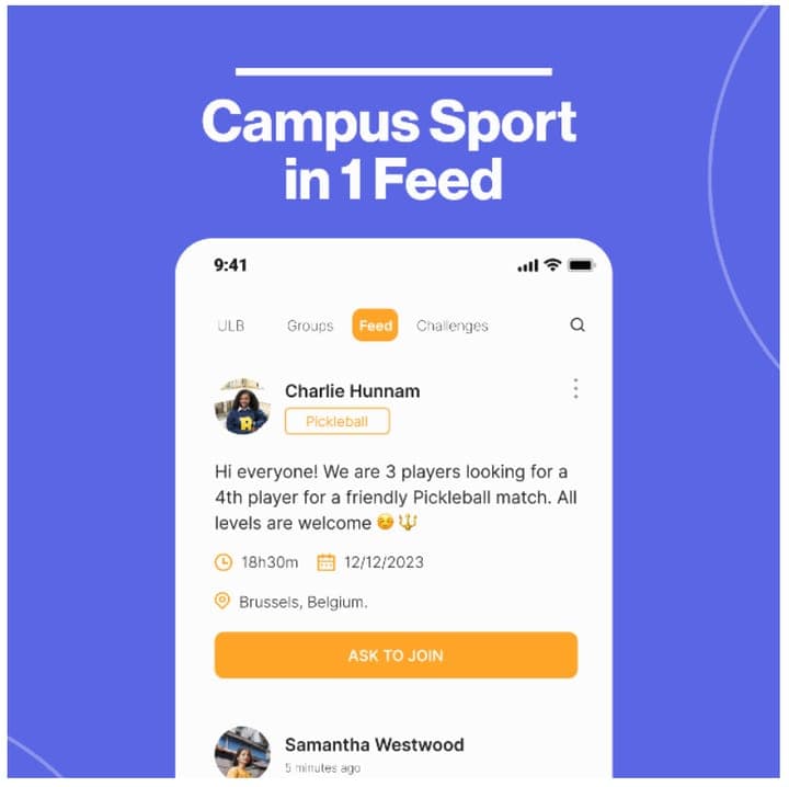 App Nova Sport : fil sportif du campus avec une annonce de pickleball
