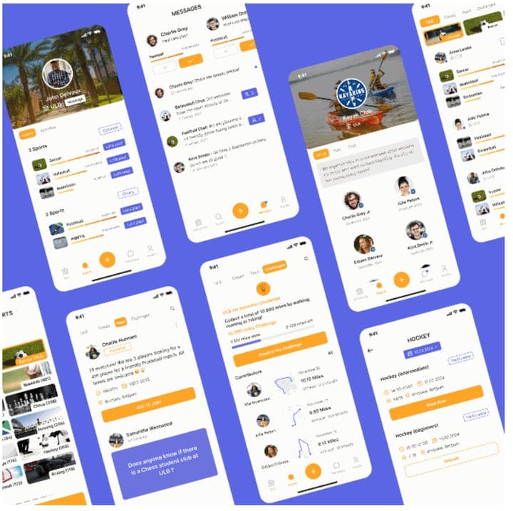 App Nova Sport : collage d'écrans de réservation et de communauté