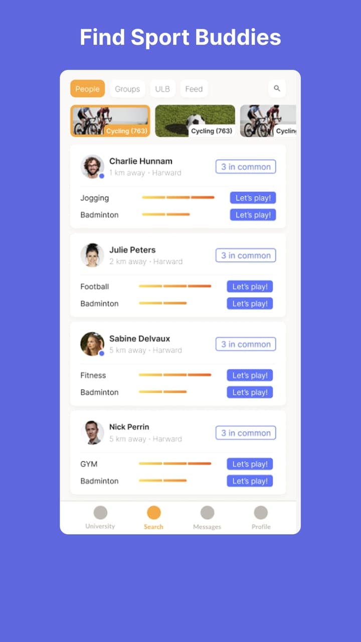App Nova Sport : liste de partenaires sportifs avec niveaux et boutons Let's play